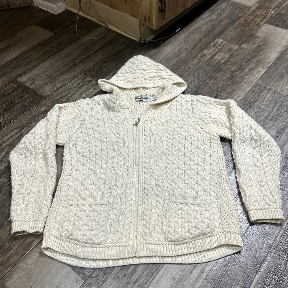 Aran Crafts Ireland 100% Merino Wool Sweater Cardigan Size M Beige Hoodie Zip